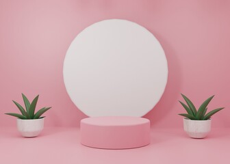 3d rendering Pink pastel display podium product stand on background. Leaves plant palm summer