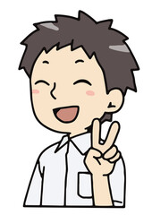 笑顔でピースする男子学生のバストアップ