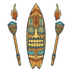 Surfing tiki mask hawaii wooden tiki mask for trendy bar. Traditional ethnic idol and hawaiian surf, maori or polynesian. Design old tribal totem - obrazy, fototapety, plakaty