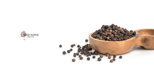 Black pepper seeds on white background. Food ingredients, spices