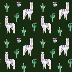 Watercolor hand painted seamless pattern with alpaca and cactuses on green background. Cute design for textile, wrapping paper or children’s goods.