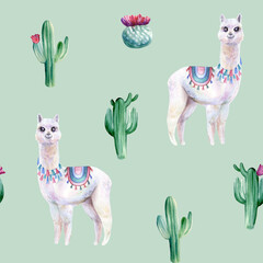 Watercolor hand painted seamless pattern with alpaca and cactuses on blue and grey background. Cute design for textile, wrapping paper or children’s goods.