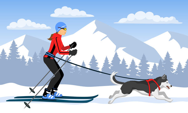 Woman skijoring with her dog . Winter Mountain landscape