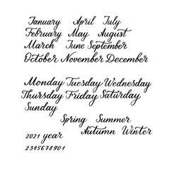 Days of the week, months, numbers, seasons handwritten calligraphy for planner, calendar, diary in english
