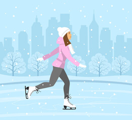 Fototapeta na wymiar Young Woman Skating on Ice rink . Cityscape landscape background scene. Winter Fun Sport Activities Vector Illustration