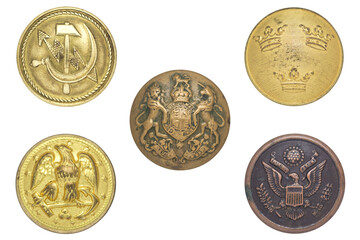 Brass, copper metal uniform vintage round buttons. Sweden gold plated 
three crowns. Civil War-era, WWII US Navy uniform eagle and shield military. UK Great Britain. USSR signalman, operator.