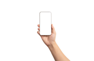 Isolation of Hand holding blank screen frame of smartphone or mobile phone for mockup advertisement and social media , business technology concept and add clipping path.