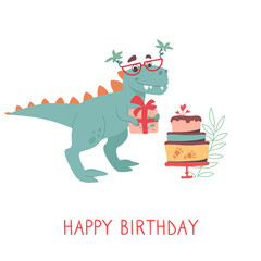 Cute tyrannosaurus rex on a greeting card. Dino in sunglasses with palms making a gift. Dinosaur holiday, cake. Funny childrens vector postcard, white background