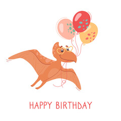 Baby birthday card. A cute pteranodon is flying with balloons and wearing heart-shaped sunglasses. Funny vector postcard with a dinosaur for children, white background