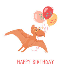Baby birthday card. A cute pteranodon is flying with balloons and wearing heart-shaped sunglasses. Funny vector postcard with a dinosaur for children, white background © Анна Канищева