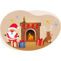 Santa and reindeer with christmas gift