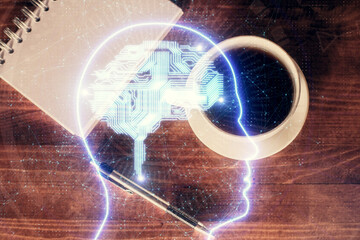 Double exposure of brain sketch and table top veiw. Concept of data analysis.