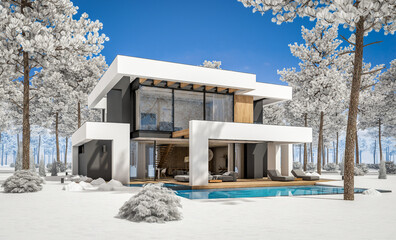 3d rendering of modern cozy house with pool and parking for sale or rent in luxurious style and beautiful landscaping on background. Cool winter day with shiny white snow.