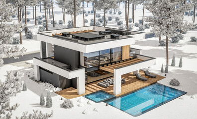 3d rendering of modern cozy house with pool and parking for sale or rent in luxurious style and beautiful landscaping on background. Cool winter day with shiny white snow.