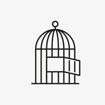 Bird cage with open door. Freedom concept icon.