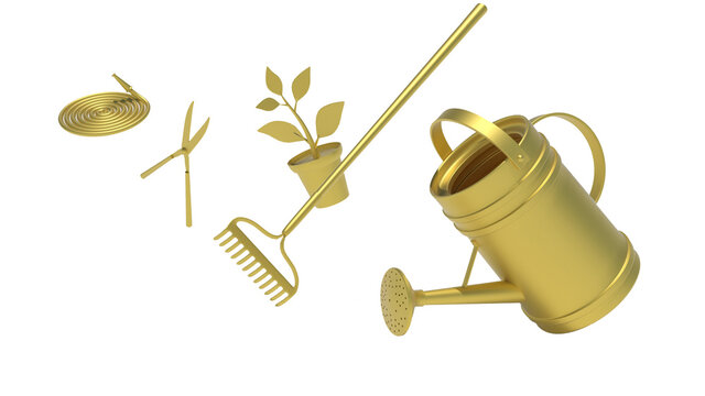 golden gardening tools on white background, 3d render