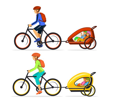 Family, Man and Woman with their  his children traveling cycling together. Father and mother tows bike trolley with happy kids inside isolated  vector ilustration