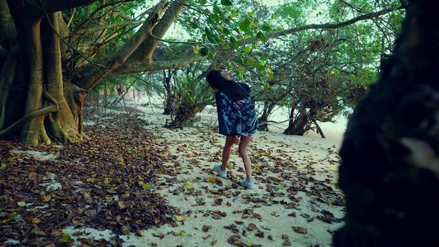 Cute Asian Girl in Kimono Walking on a Beach at Sunset in Slow Motion, Thailand.