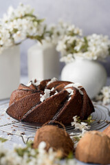 Homemade bundt cake decorate with flowers.