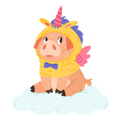Obraz na płótnie Canvas Cute pig in unicorn costume with horn and wings sitting on the cloud. Vector colorful design character illustration for print greeting postal cards and nursery.