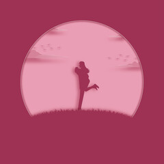 Couple happy of love stands on the meadow with the pink background