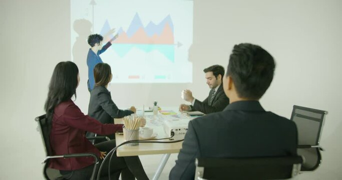 A group of professional business wearing formal suit sitting in office working as teamwork in the meeting room learning and watch slide projector screen while some co-worker has some argument