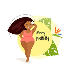 Attractive overweight latino american woman, full model in swimsuit, positive body concept, standing on yellow background with tropical leaves and flowers. Summer hello. Love your body. love myself.