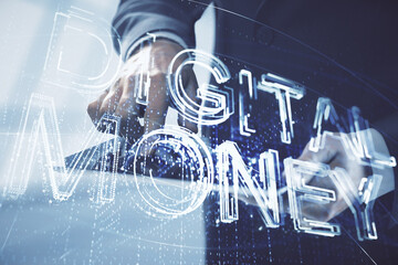 Double exposure of man's hands holding and using a phone and crypto currency blockchain theme drawing.