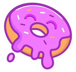 Cartoon donut with pink and purple icing on top. Donut icon for cafe, food banner vector icon isolated on white background
