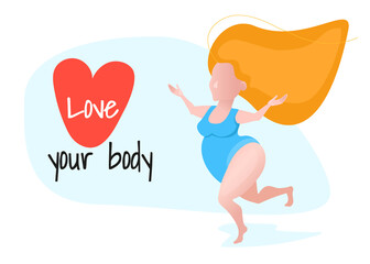 A plump woman in a blue swimsuit enjoys life, the inscription on my heart I love myself! Love your body the concept of self-acceptance.