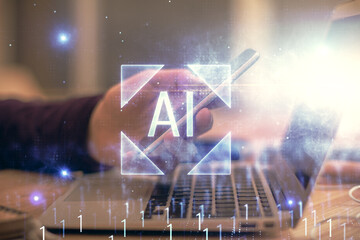 Multi exposure of man's hands holding and using a digital device and data theme drawing. Innovation concept.