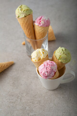 Assortment of ice cream for summer party, gelato scoop