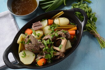 Pot-au-feu, traditional french stew. Stewed beef and potatoes. In France considered a national dish.