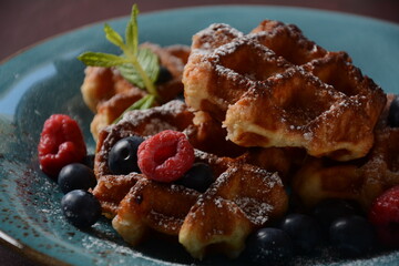 Traditional belgian waffles with fresh fruit  or american waffles delicious sweet dish, dessert snack menu concept
