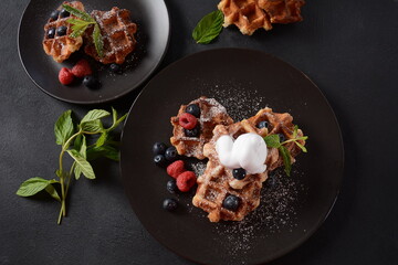 Traditional belgian waffles with fresh fruit  or american waffles delicious sweet dish, dessert snack menu concept