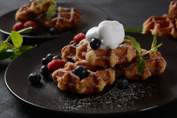 Traditional belgian waffles with fresh fruit  or american waffles delicious sweet dish, dessert snack menu concept