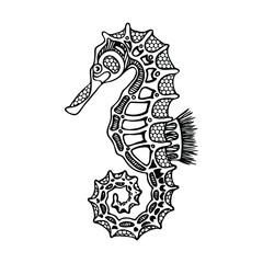 Sea Horse. Draw a black line. Stylized sea animal with ornament. Zentangle, zendugl. Art therapy. Vector illustration.