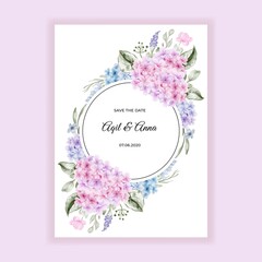 wedding invitation with hydrangea pink blue watercolor