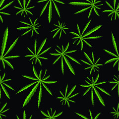 Seamless pattern. Marijuana leaf. Hemp in different sizes, in random order. Rastaman culture. On a black background. Vector illustration