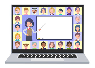 オンラインで授業を教えているインカムをつけたビジネス女性のセット