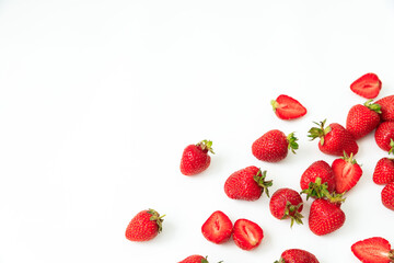 Fresh strawberry berries on white background. Flat lay. Top view.