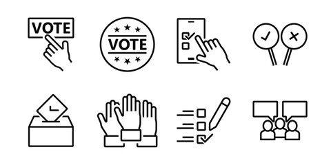 Simple set of voting related vector icons. Contains such icons as electronic voting, raising hands, ratings of candidates, ballot boxes and more.