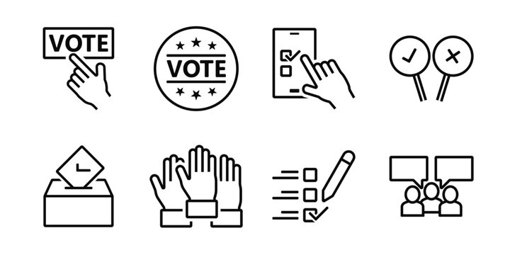 Simple set of voting related vector icons. Contains such icons as electronic voting, raising hands, ratings of candidates, ballot boxes and more.