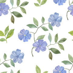 Botanical pattern backdrop. Blue flowers and green leaves painted by watercolor. Seamless watercolor illustration. Flowers and leaves for design, wallpaper, textiles and wrapping paper.
