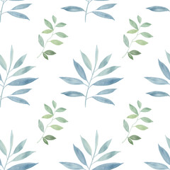 Naklejka na ściany i meble Botanical pattern on a white background. Leaves and branches painted in watercolor. Seamless watercolor illustration. Green leaves for design, wallpaper, textiles and wrapping paper.