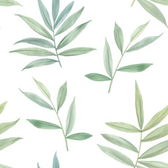 Fototapeta na wymiar Botanical pattern on a white background. Leaves and branches painted in watercolor. Seamless watercolor illustration. Green leaves for design, wallpaper, textiles and wrapping paper.