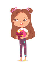 Happy birthday, girl giving gift at party. Cute child holding present in hands, celebrating vector illustration. Little kid smiling and standing isolated on white background