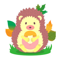 Cute hedgehog holding a mushroom on a green meadow. Wonderful forest character. Vector illustration in cartoon style.