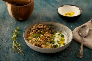healthy diet plate with yoghurt,lentil and cous cous