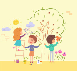 Children painting wall in kindergarten. Kids doing creative art with brushes vector illustration. Little happy boys and girl drawing tree, bird, squirrel with paint together